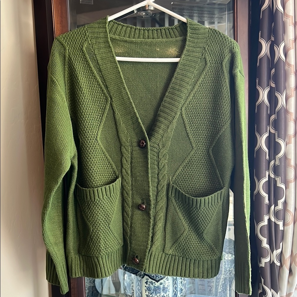 Green Knit Cardigan with Pockets